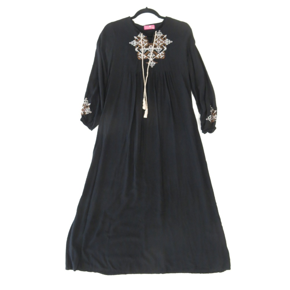 Modap Nhan Vintage Black Embroidered Rayon Maxi Dress 40 XS Whimsigoth Modest